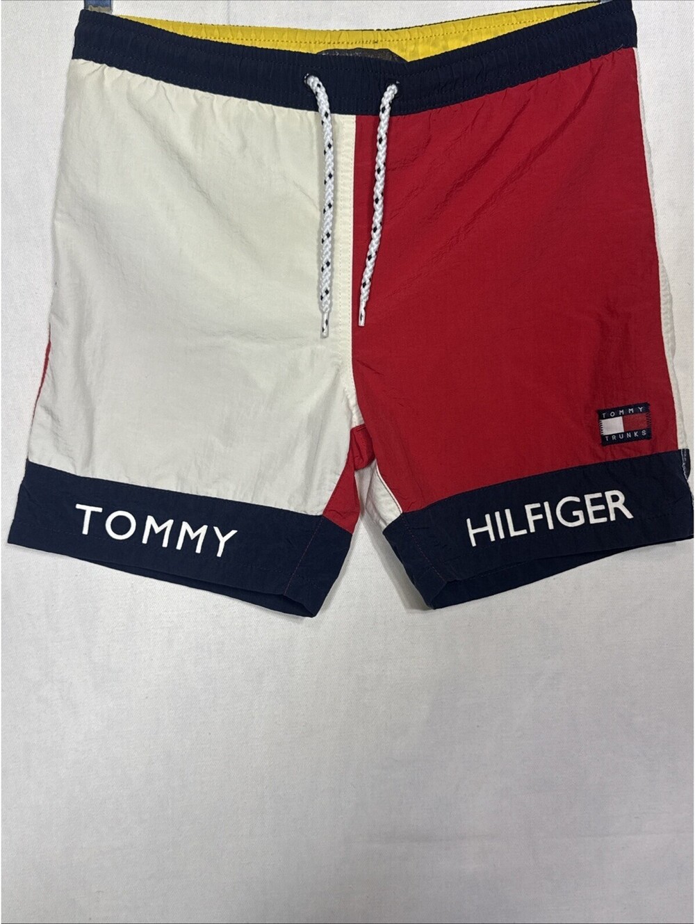 Vintage 90s Tommy Hilfiger Kids Size 5 Swim Trunks Colorblock Spellout Shorts
